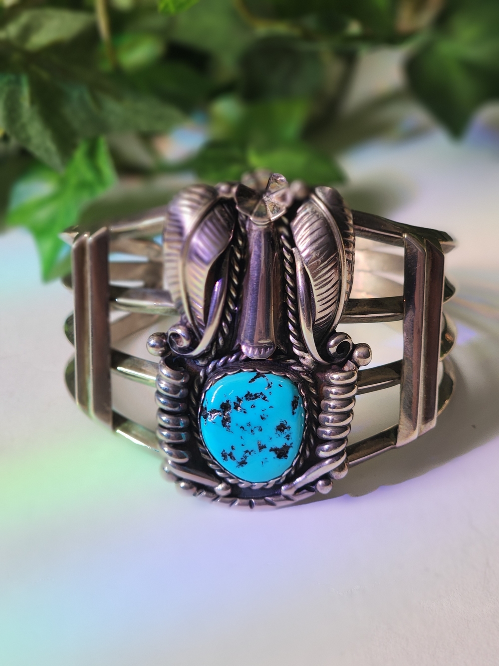 Navajo Sterling Silver (69 Grams) Turquoise Cuff Bracelet- Bright Blue Stone